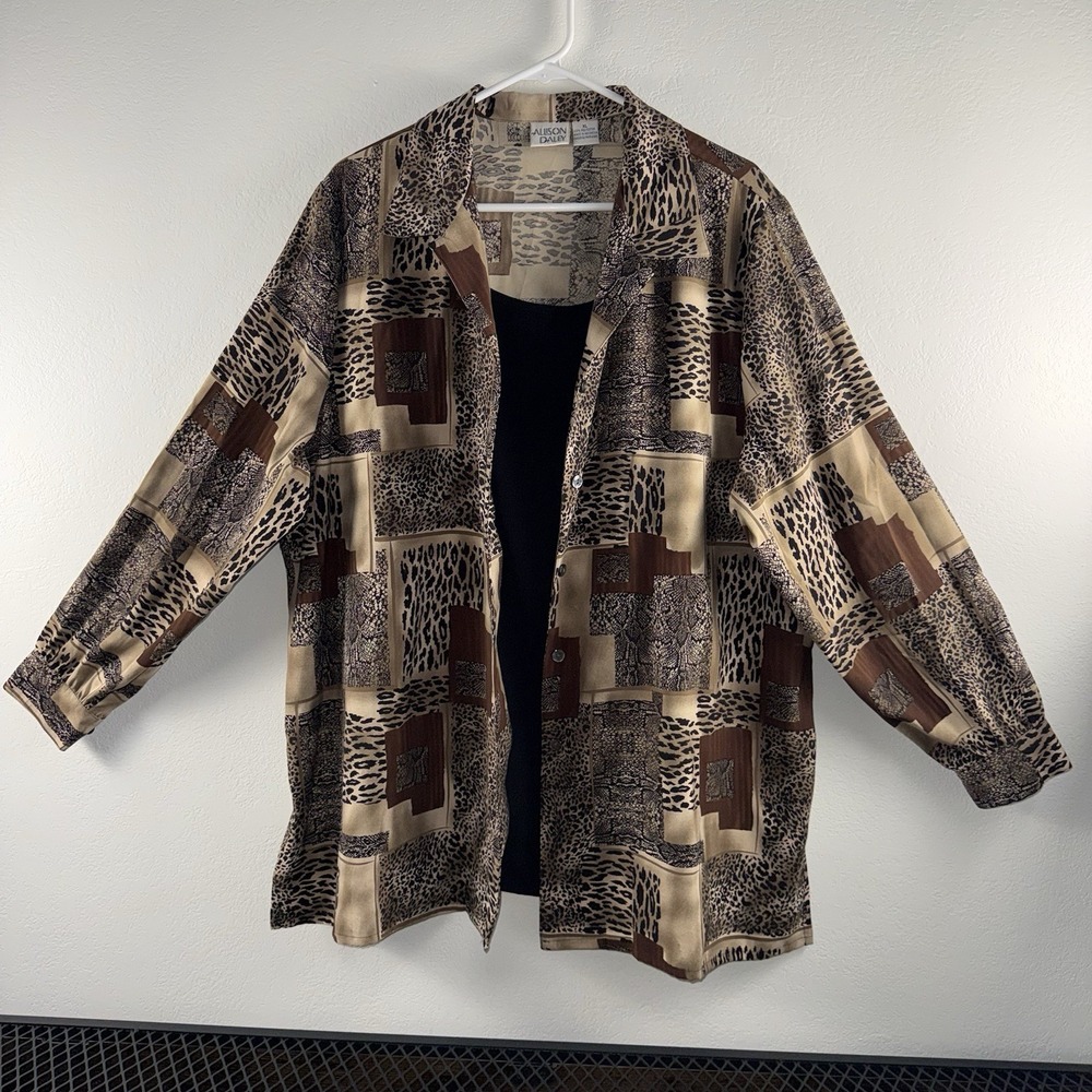 VTG‎ Allison Daley Animal Print Blouse Jacket Womens XL Brown Leopard Patchwork